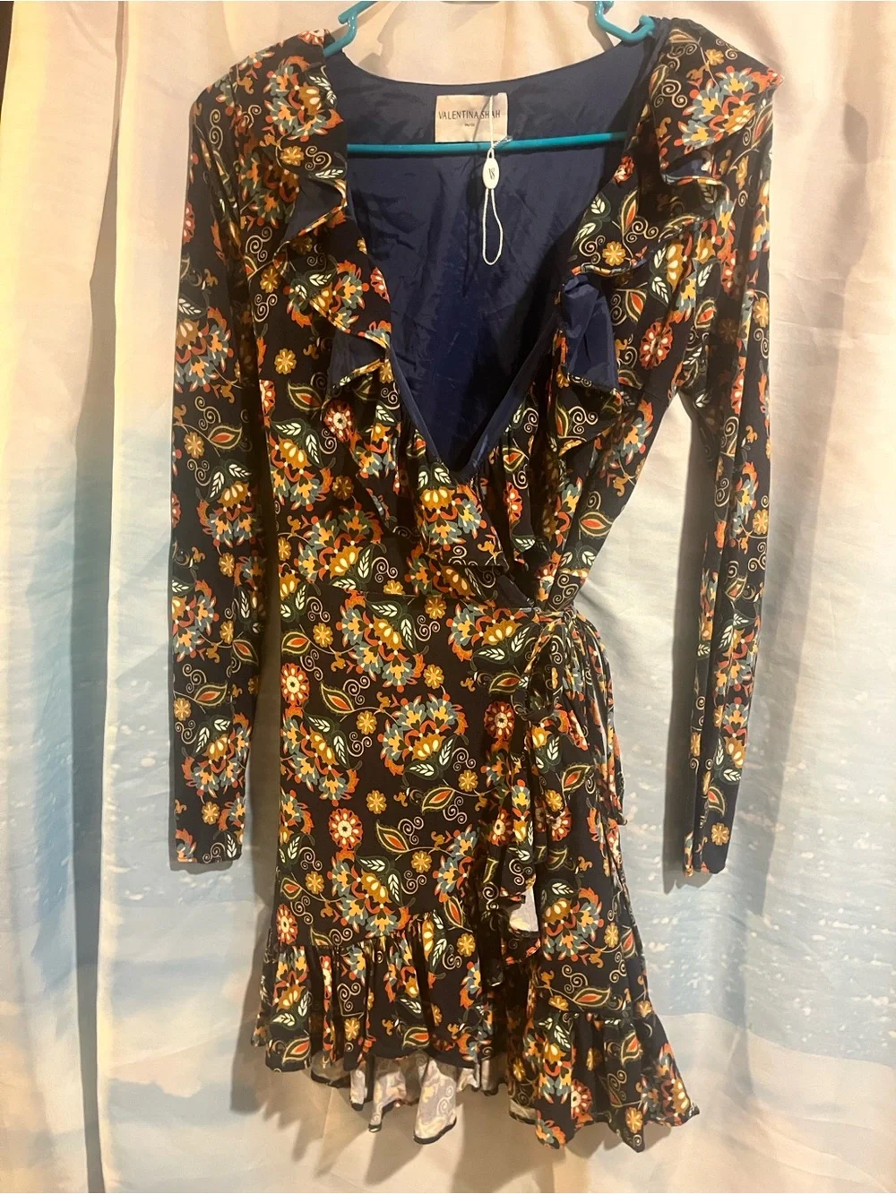 Valentina navy floral wrap mini dress with ruffle trim